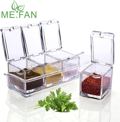 ME.FAN Clear Seasoning Rack Spice Pots - 4 Piece Acrylic Seasoning Box - Storage Container