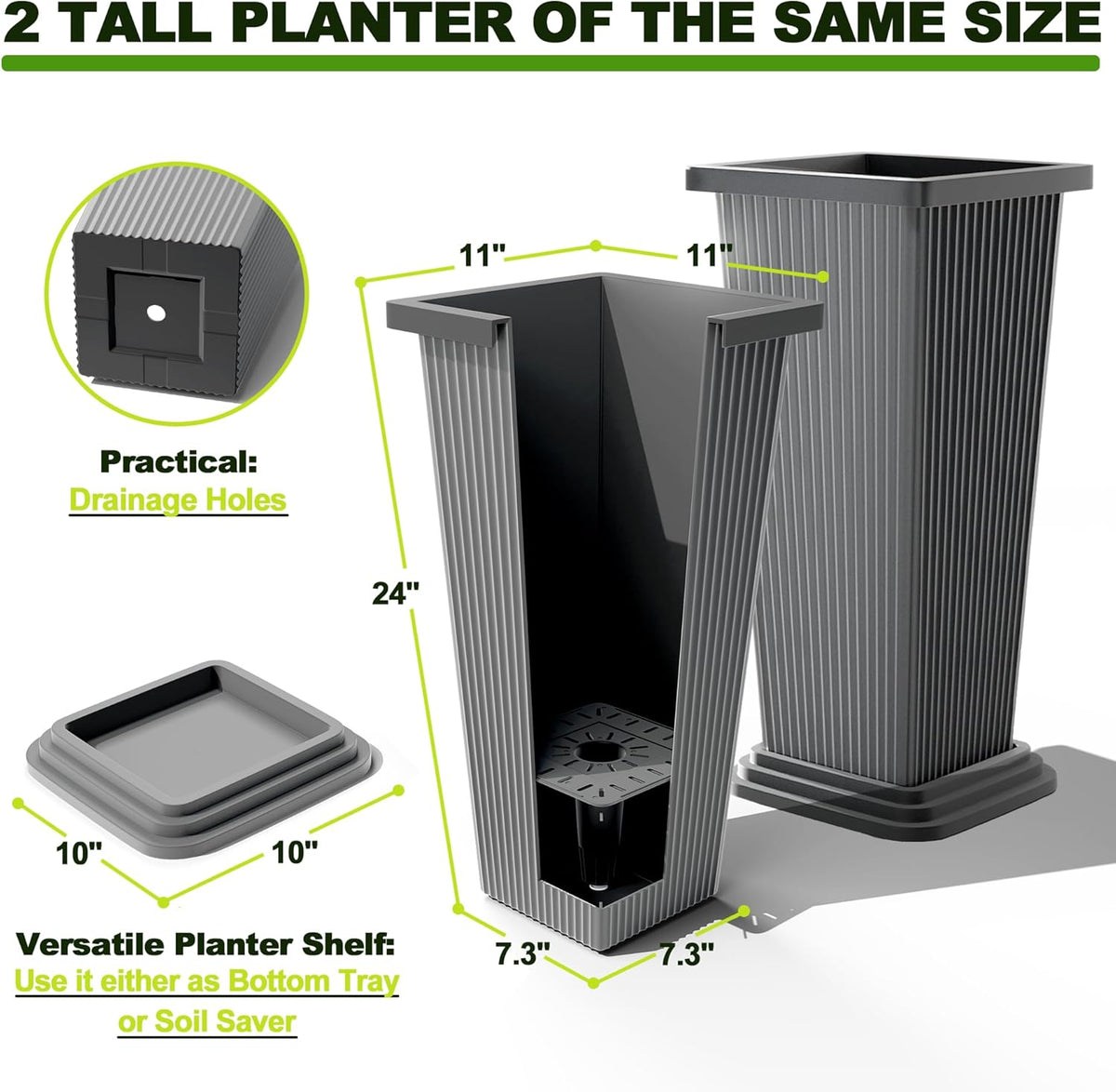 FENCY Set of 2 Tall Planters for Outdoor Plants, 24 Inch Large Tapered Pots with Drainage Trays