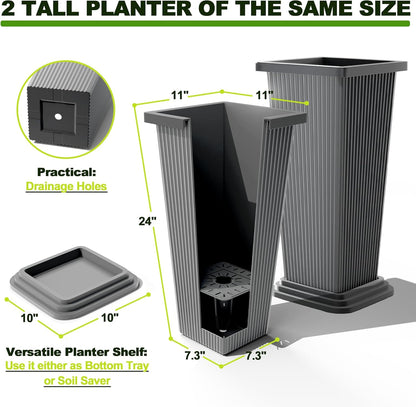FENCY Set of 2 Tall Planters for Outdoor Plants, 24 Inch Large Tapered Pots with Drainage Trays