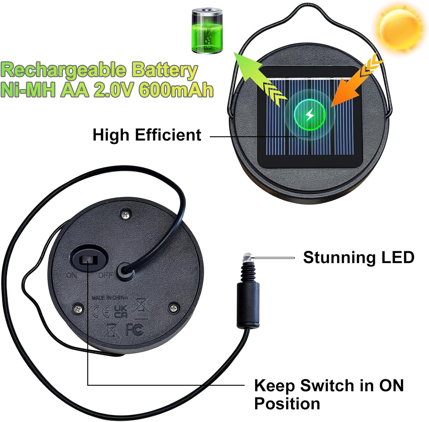 2Pack AA 600Mah Solar Lights Replacement Top for Outdoor Lantern Lights Waterproof for Garden