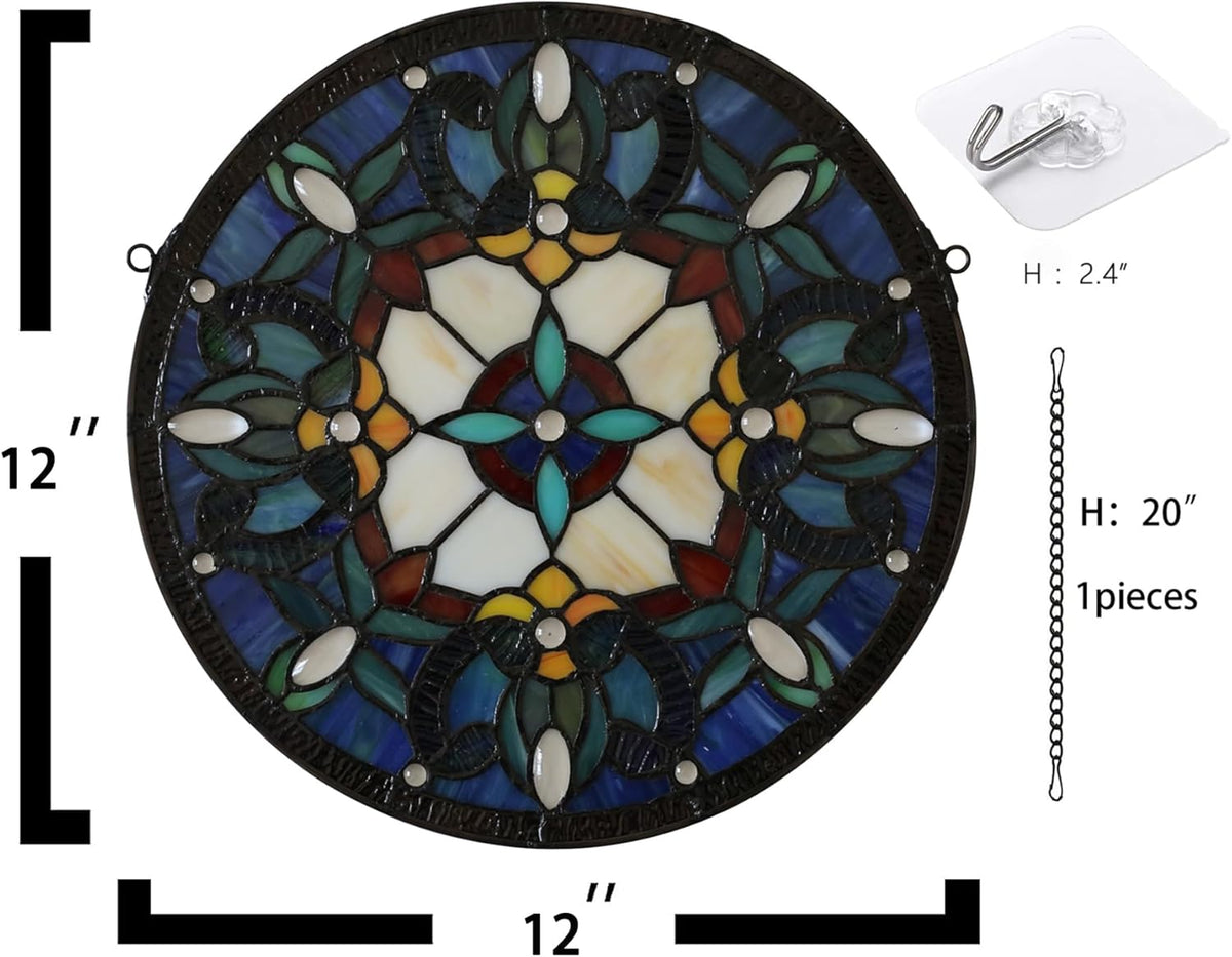 Handcrafted Stained Glass Window Panel - 12-Inch Round Floral Design with Vibrant Colors, Elegant