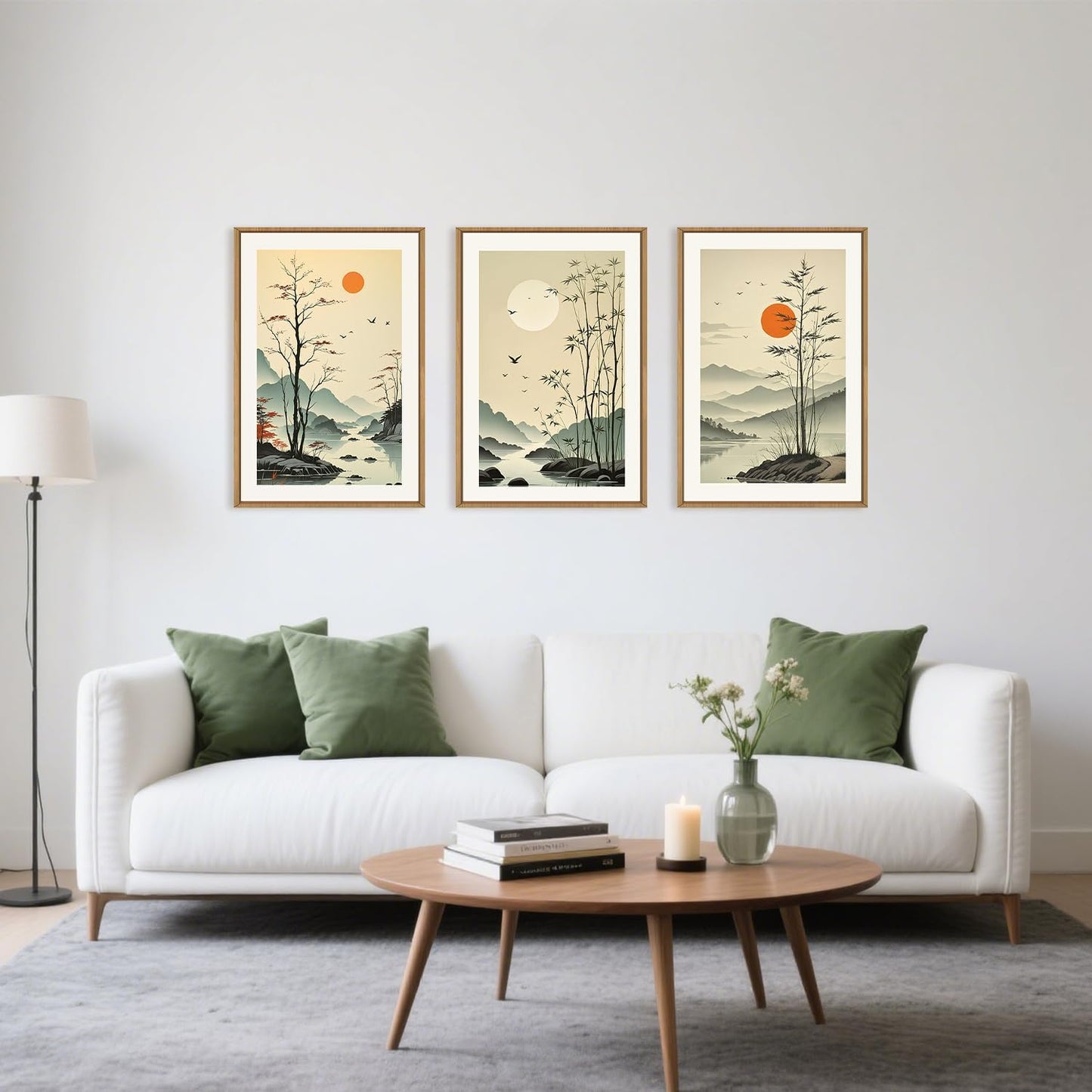 Chinoiserie Bamboo Forest Framed Canvas Wall Art Set, Nature Tree Lakes Wall Decor, Minimalist Zen