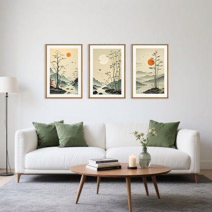 Chinoiserie Bamboo Forest Framed Canvas Wall Art Set, Nature Tree Lakes Wall Decor, Minimalist Zen