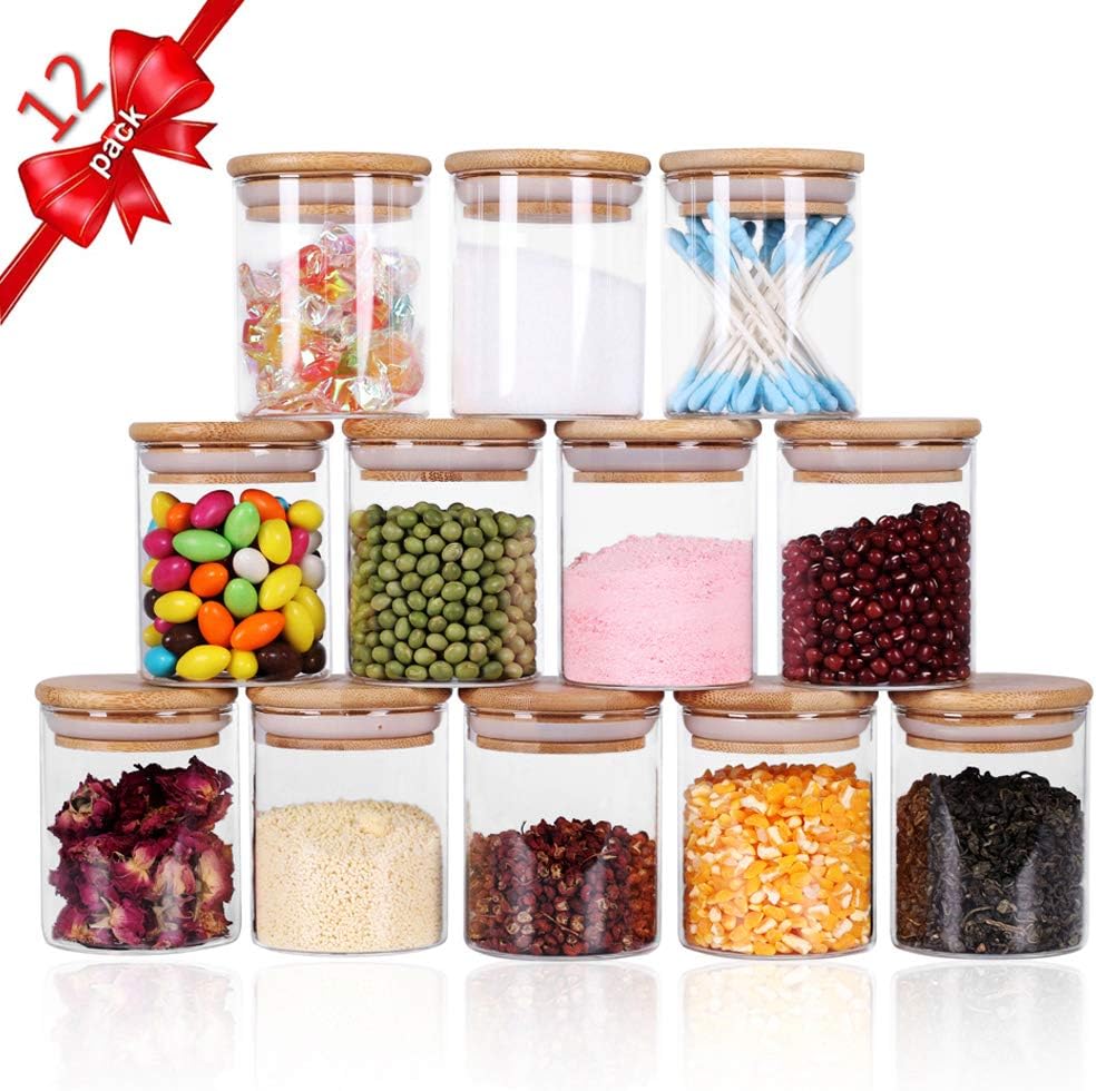 Glass Jars Set,Upgrade Spice Jars with Wood Airtight Lids and Labels, 6oz 12 Piece Small Food
