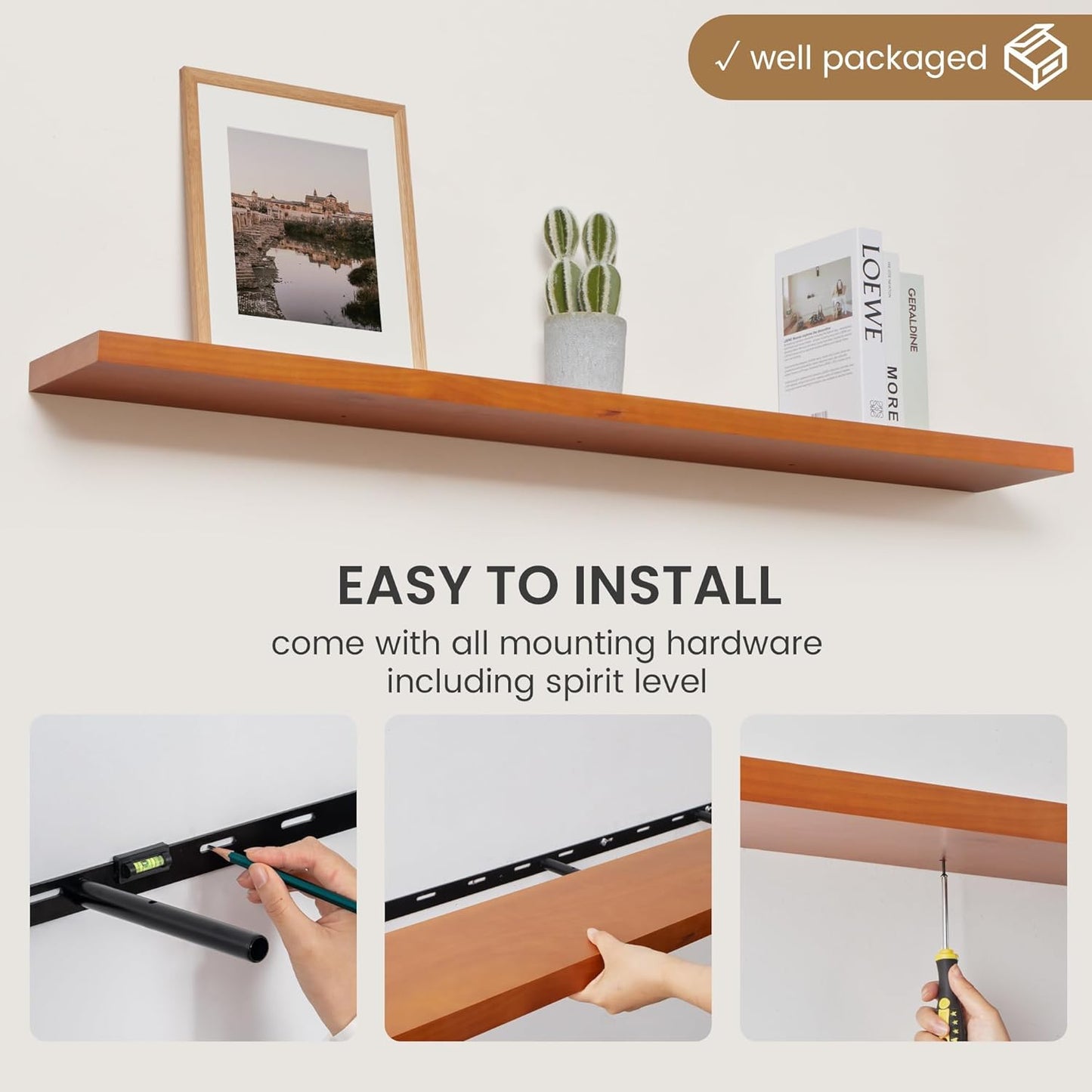 Fun Memories 55 Inches Floating Shelves - 8 Inch Deep Rustic Solid Pine Wood Wall Shelves for