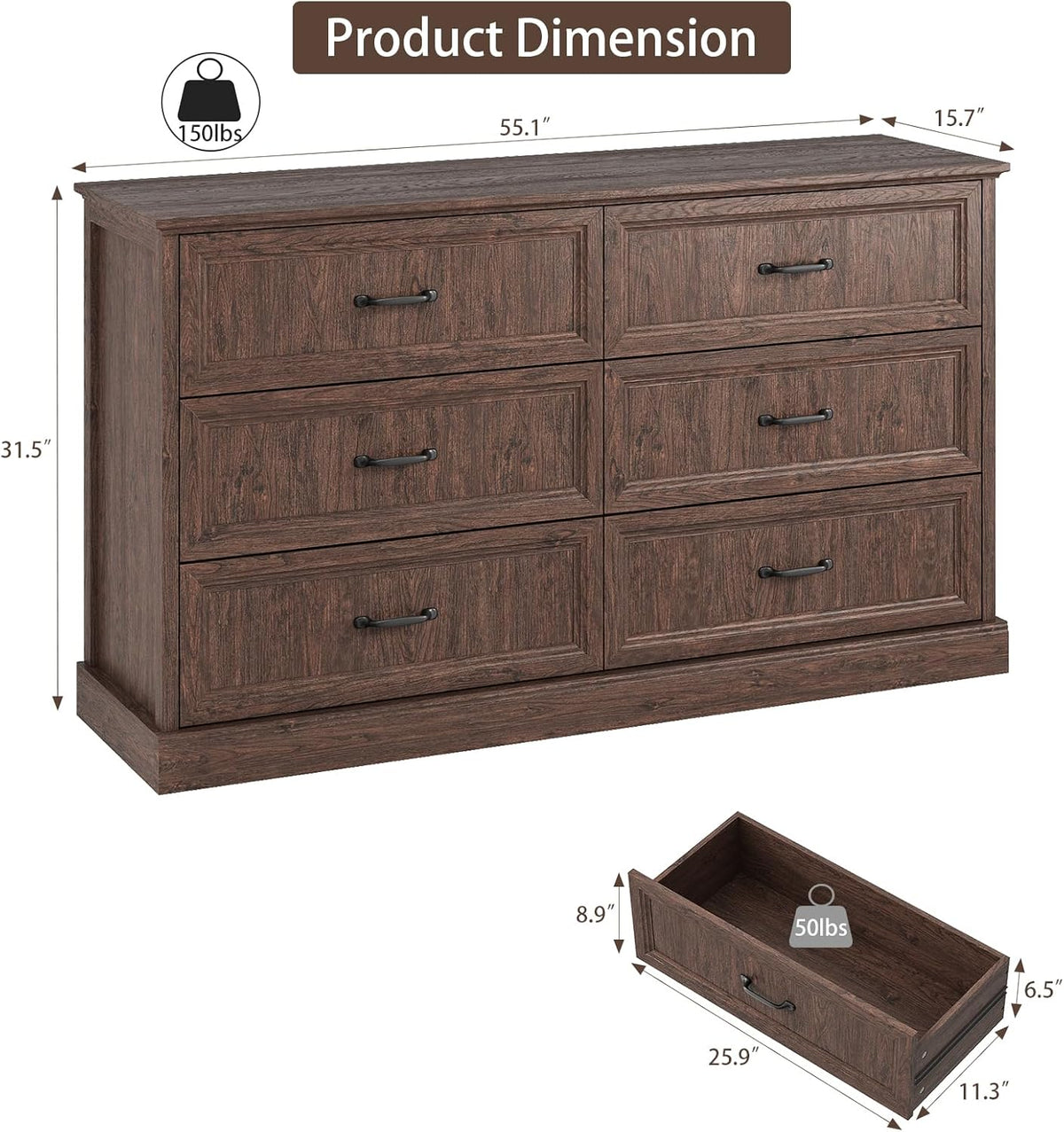 Farmhouse 6 Drawer Dresser for Bedroom, 55 Inch Wide Modern Brown Dresser TV Stand with Large