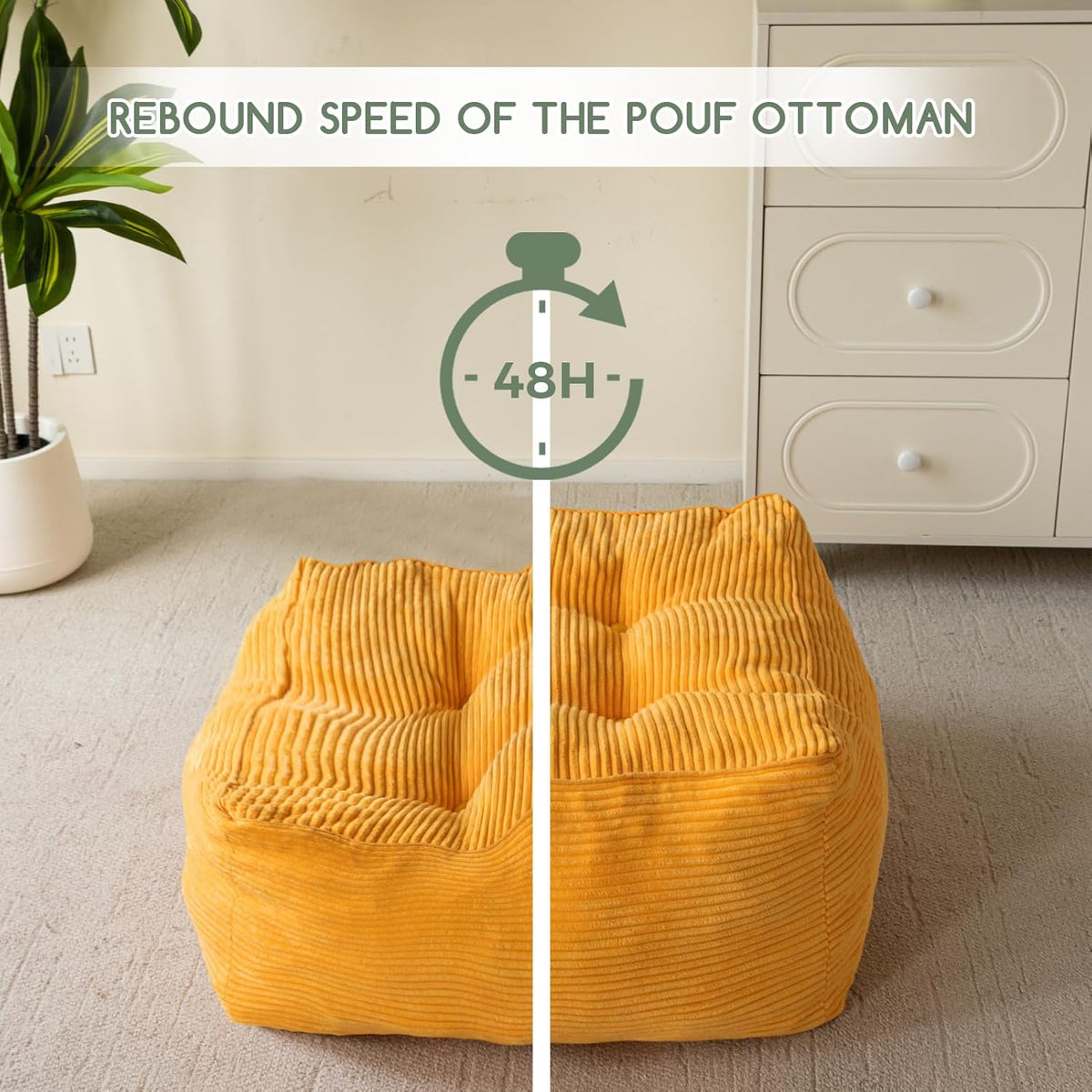 HIGOGOGO Square Stuffed Pouf Ottoman, Corduroy Poufs with Foam Chunk Filling, Furry and Fluffy Pouf