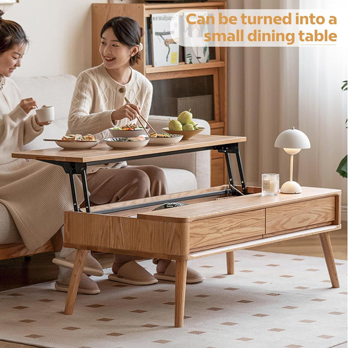 100% Solid Wood Lift Top Coffee Table for Living Room, Mid Century Modern Tables with Drawers and