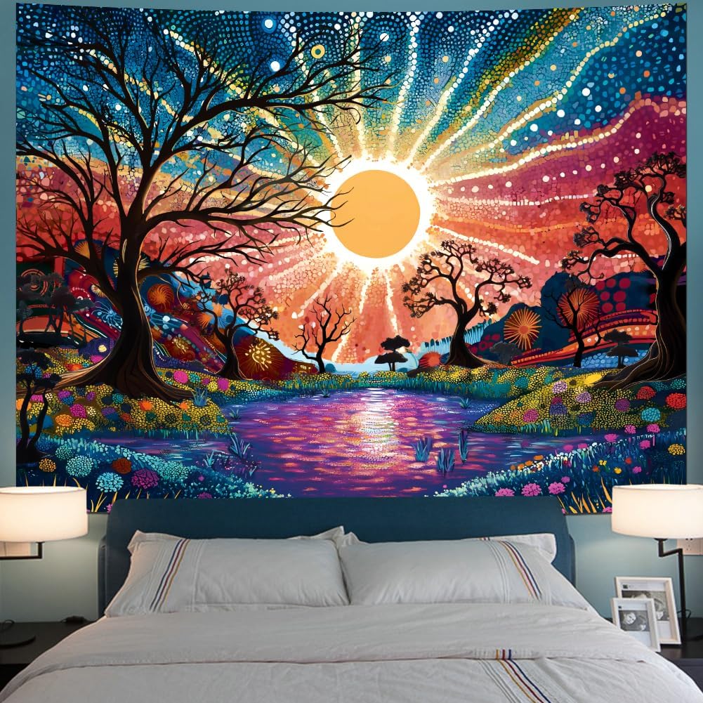 Serborlur Tree of Life Tapestry Trippy Sun Forest Tapestries Colorful Starry Sky Tapestries Hippie
