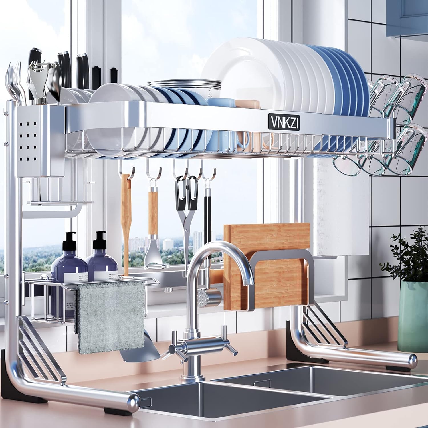 VNKZI Over Sink Dish Drying Rack, 2 Tier Full Stainless Steel Storage Adjustable Length (25.98'' to