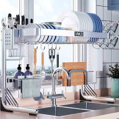 VNKZI Over Sink Dish Drying Rack, 2 Tier Full Stainless Steel Storage Adjustable Length (25.98'' to