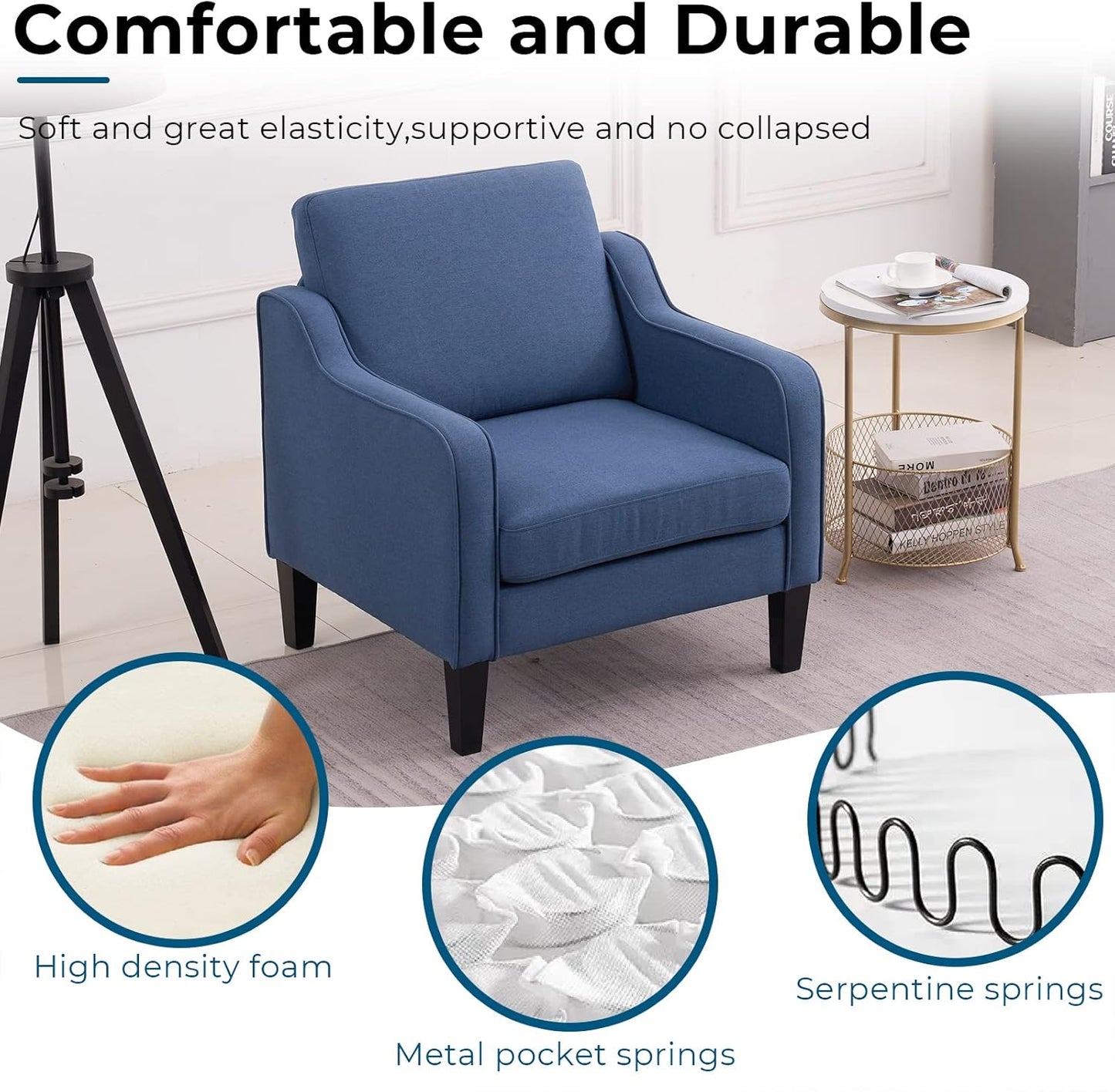 VINGLI Mid Century Modern Accent Chair, Navy Blue Fabric Accent Chairs for Living Room, Upholstered