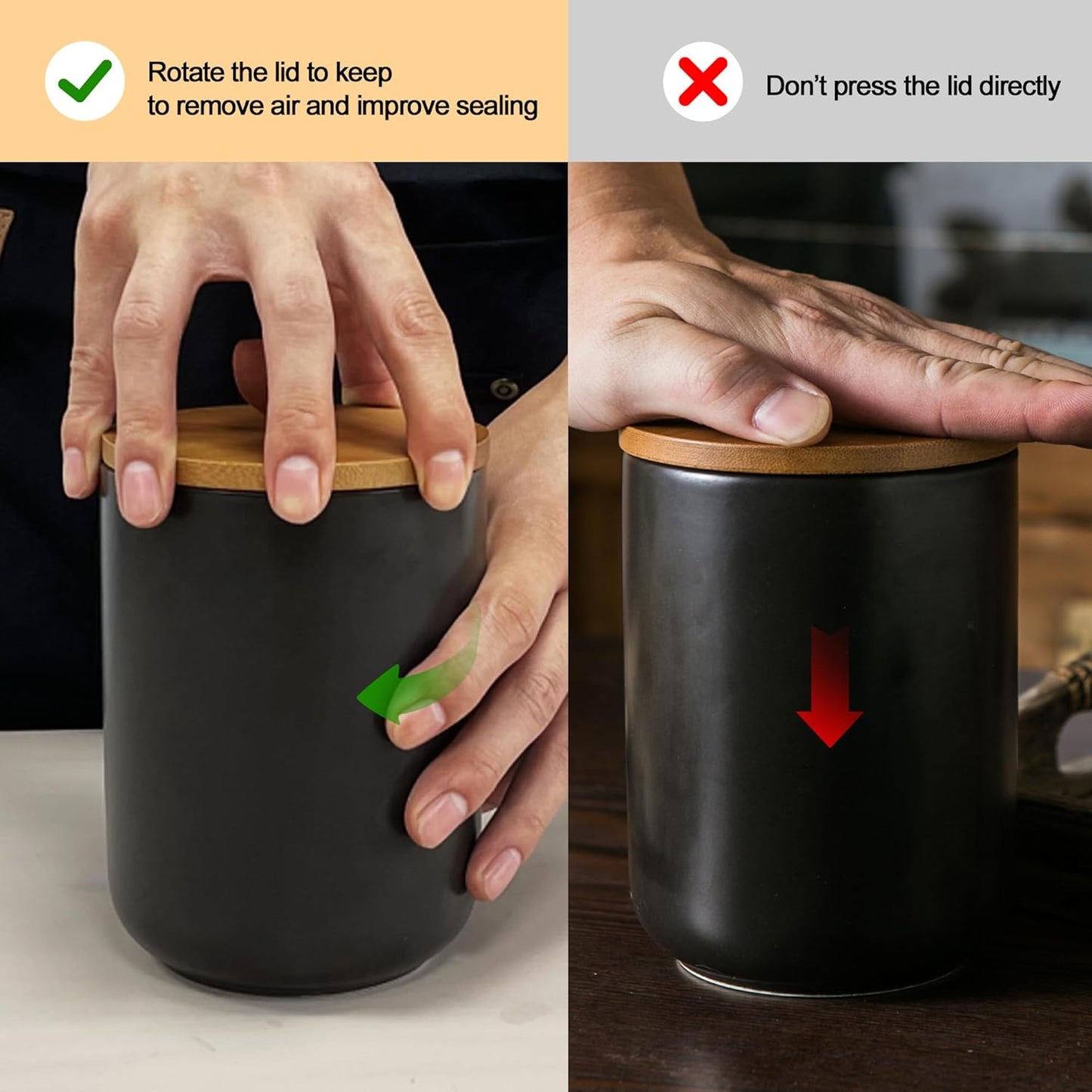 Black Canister Sets for Kitchen, 3pcs Ceramic Canisters with Airtight Wooden Lid, Food Storage Jar
