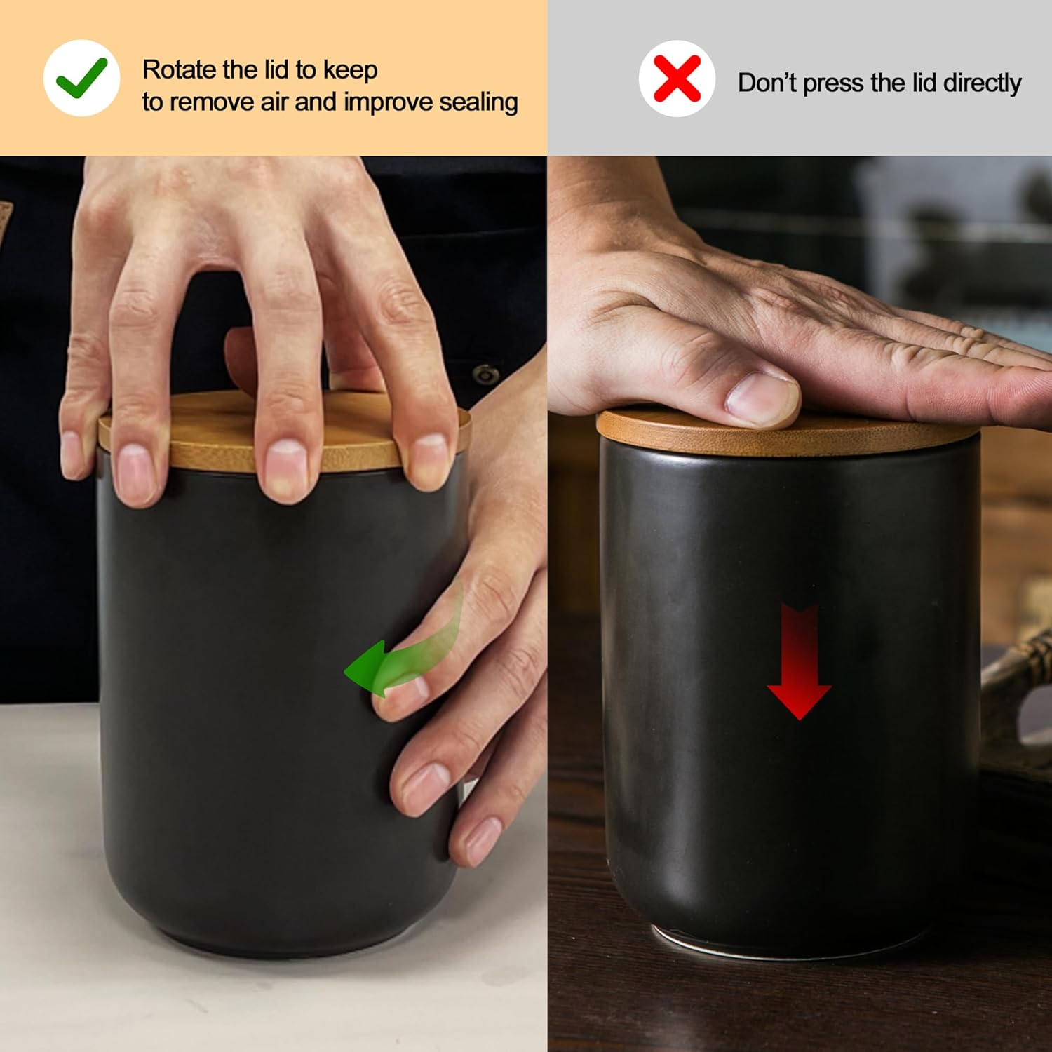 Black Canister Sets for Kitchen, 3pcs Ceramic Canisters with Airtight Wooden Lid, Food Storage Jar