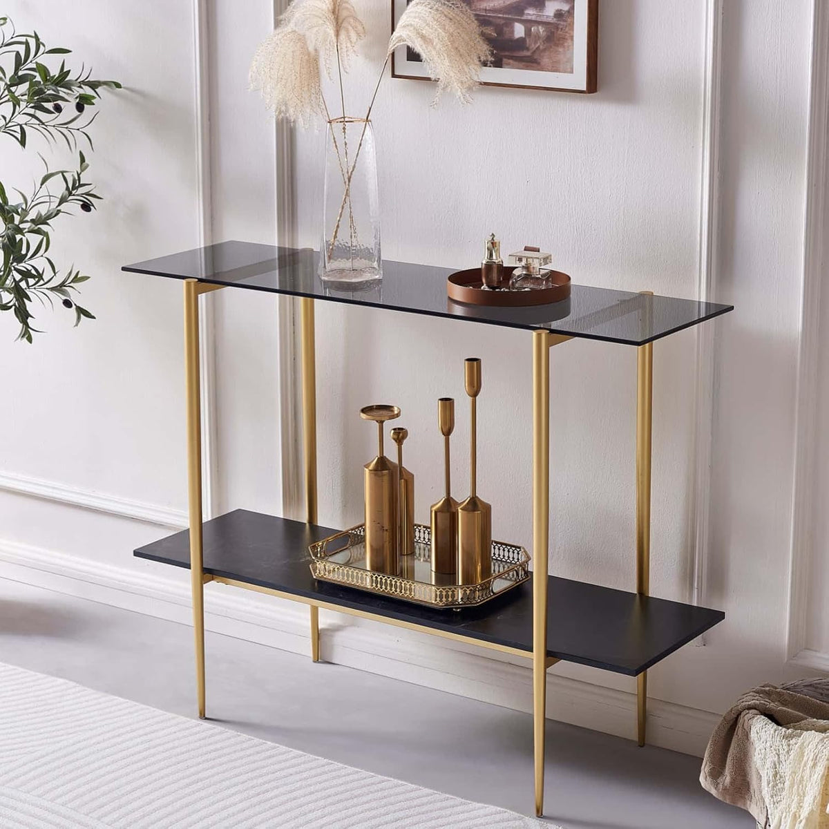 Glass Console Table for Living Room, Foyer & Entrance, 2-Tiers Mid-Century Modern Sofa Table with