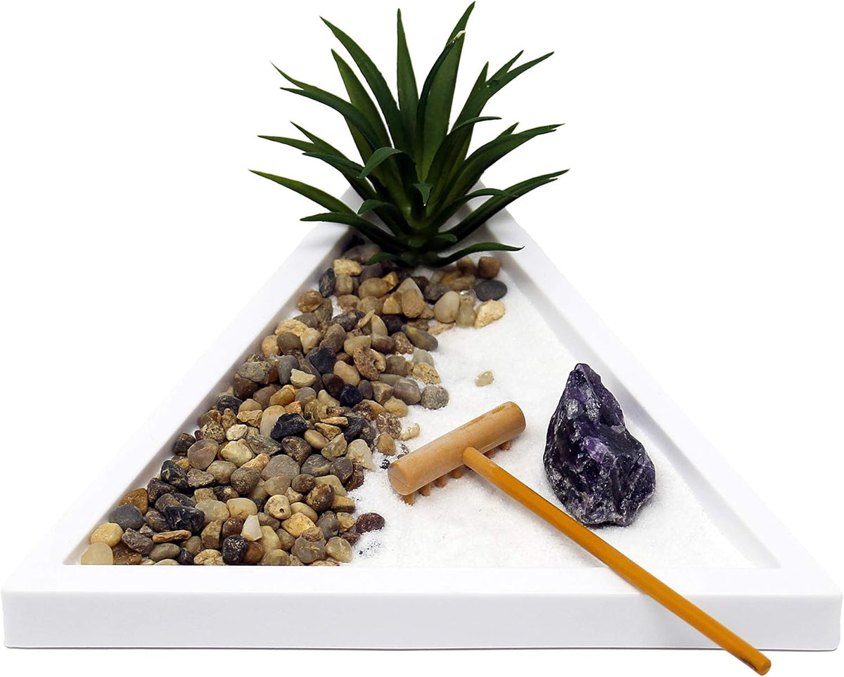 Nature's Mark Mini Zen Garden Kit for Desk with White Sand, Rake, White Base, Salt Rock and Air
