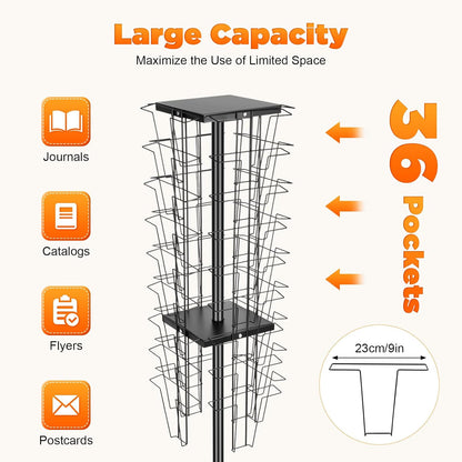 Cashewnuts 36 Pockets Rotating Magazine Rack Floor Standing 360 Degrees Rotating Brochure Display