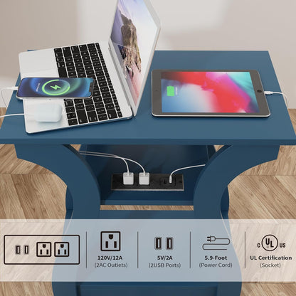 End Tables Living Room Set of 2,End Table with Charging Station and USB,Navy Blue Side Table