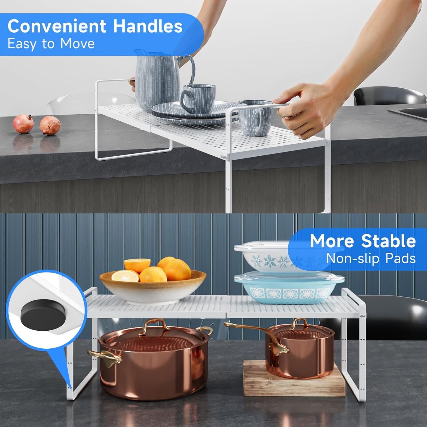 Expandable Cabinet Shelf Organizers, Kitchen Small Stand Rack Organization for Countertop Cupborad