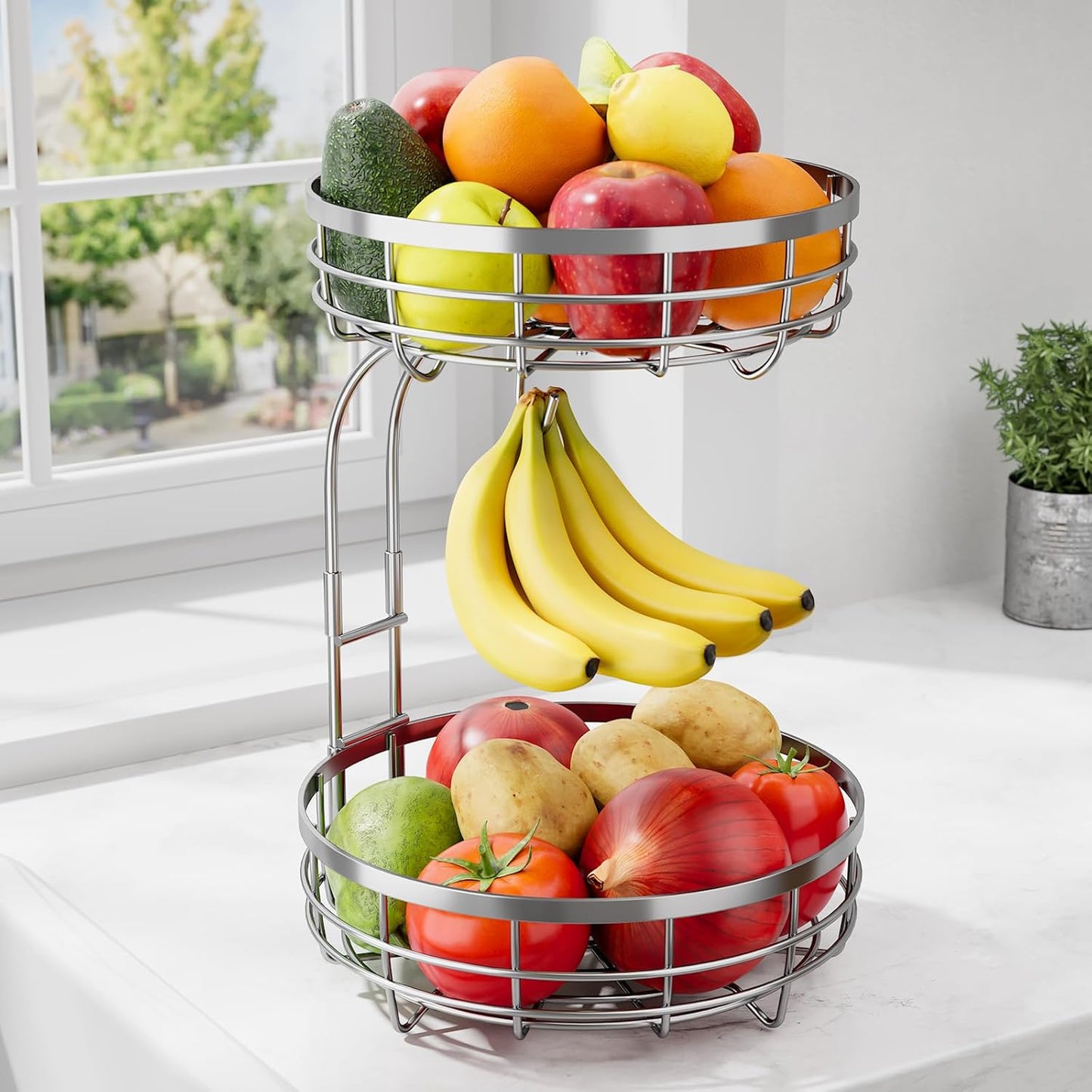 Fruit Basket for Kitchen Counter - 2-Tier Large Capacity Fruit Bowl with Detachable Banana Hanger