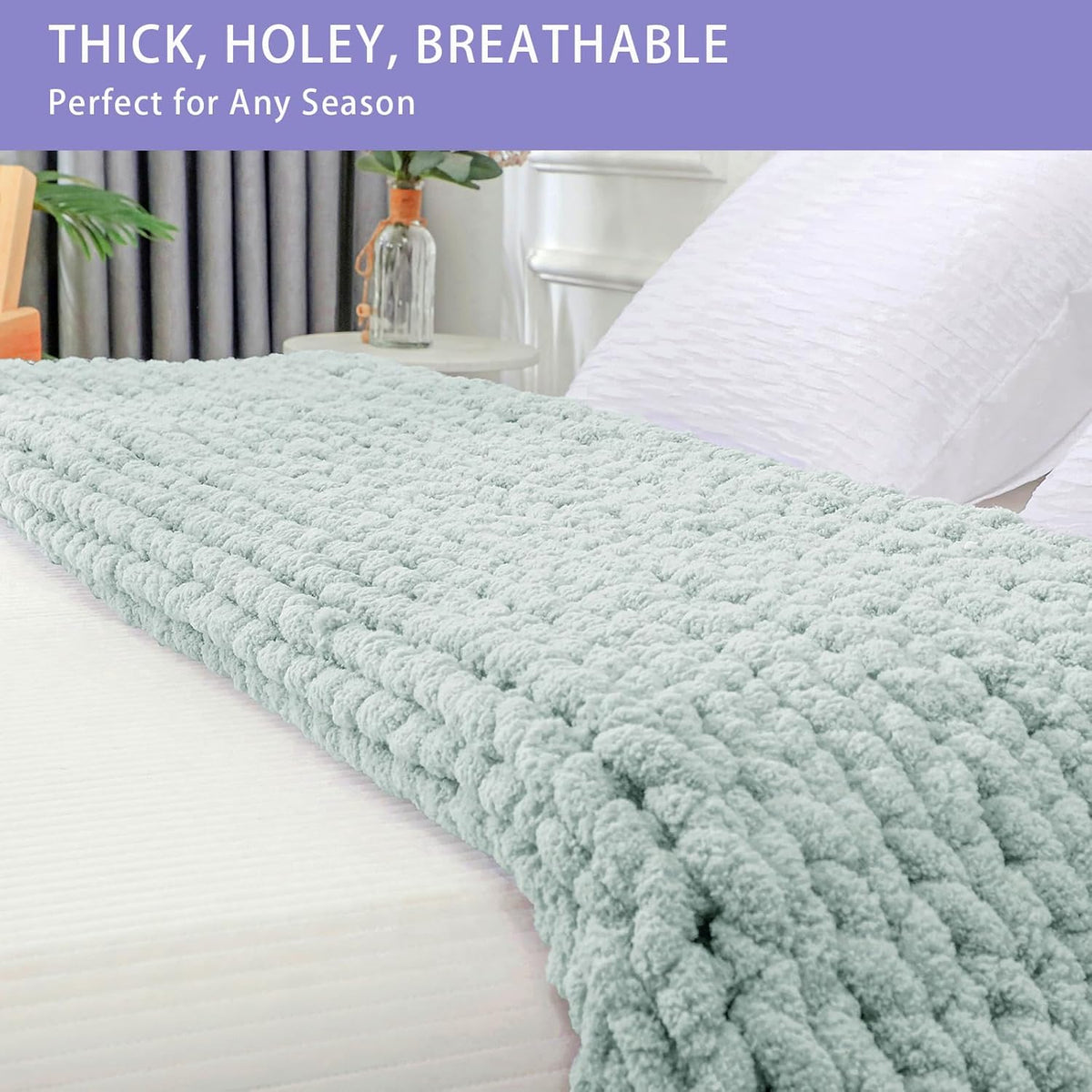 Bigacogo Chunky Knit Throw Blanket for Couch, 40x40 inches, 100% Hand Knitted with Thick Jumbo