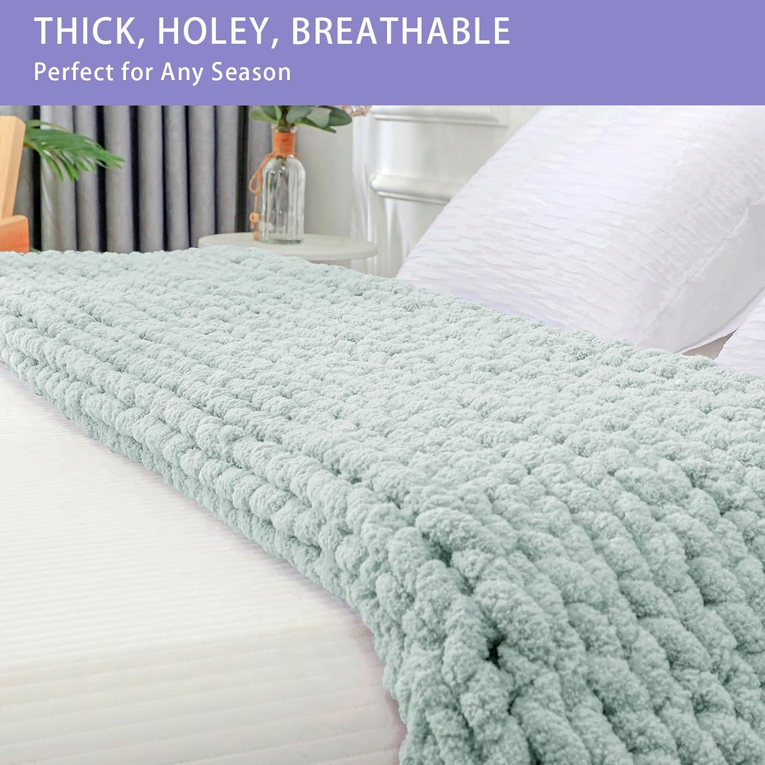 Bigacogo Chunky Knit Throw Blanket for Couch, 40x60 inches, 100% Hand Knitted with Thick Jumbo