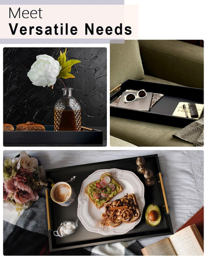 22 Inch Rectangle Black Ottoman Tray with Gold Metal Handles, Extra Large Wooden Serving Tray for