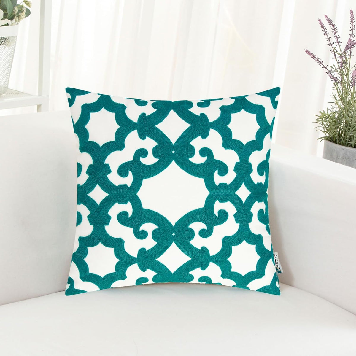 HWY 50 Teal Decorative Throw Pillow Covers 18x18 Inch (1 Piece), Embroidered Cotton Farmhouse