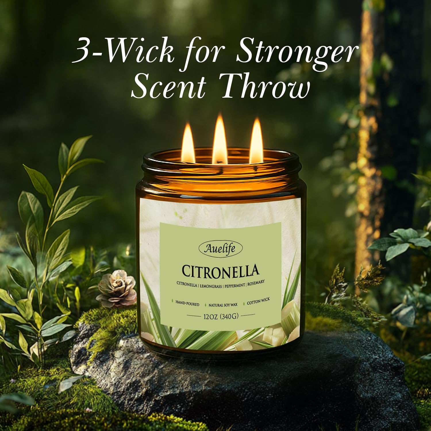 Auelife Citronella Candles Outdoor, 12oz Large 3-Wick Candle for Outside Patio Camping & Garden