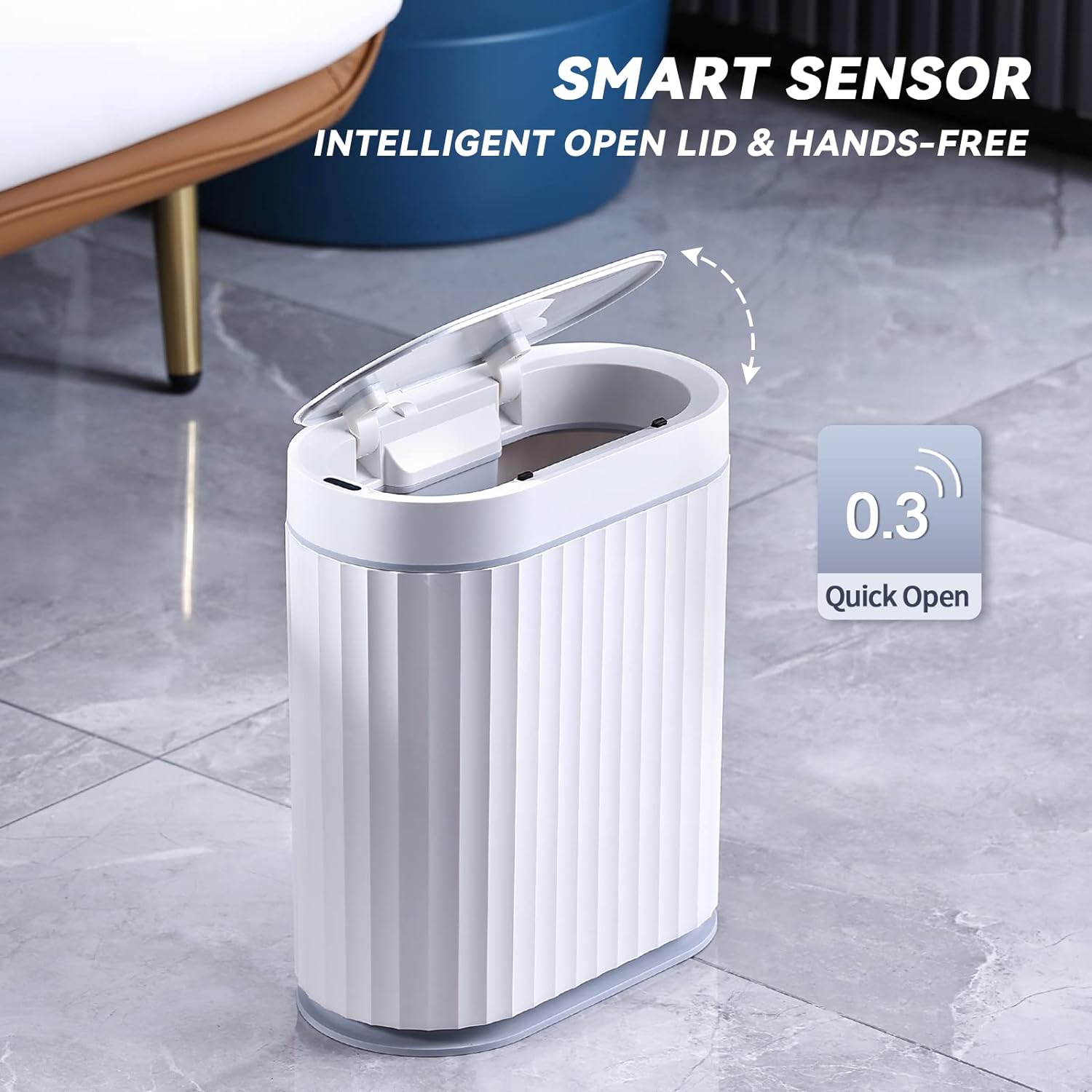ELPHECO Bathroom Motion Sensor Trash can 2 Gallon Automatic Garbage Can, Slim Plastic Smart Trash