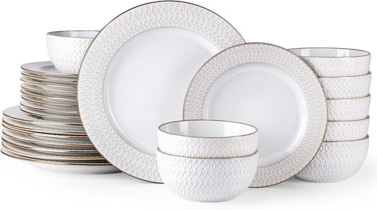 GBHOME Ceramic Dinnerware Sets, 24 pcs Embossed Elegant Stoneware Plates and Bowls Sets