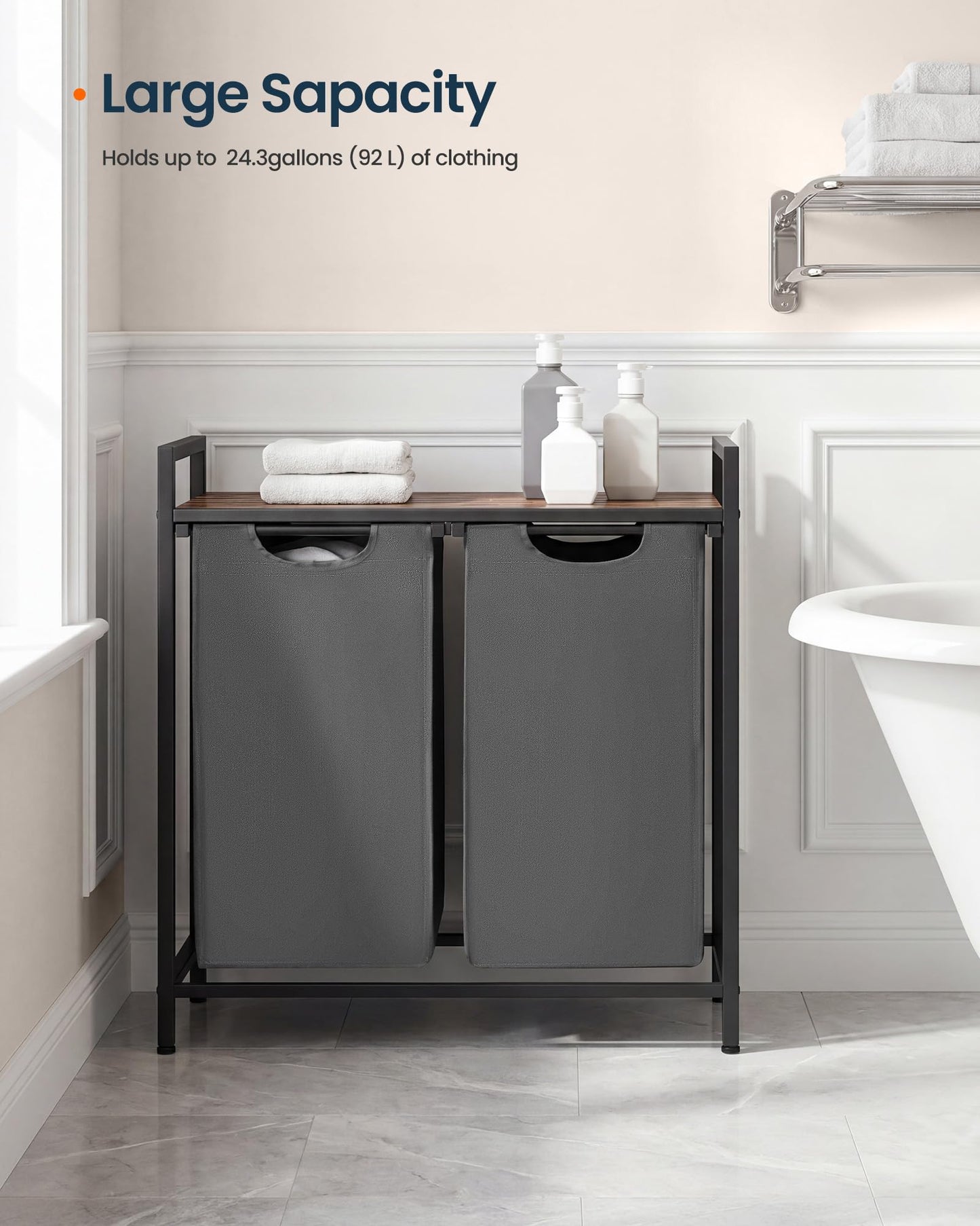SONGMICS HOME Laundry Basket Sorter with Storage Shelf, Laundry Hamper with Metal Frame, 2 x 12.1