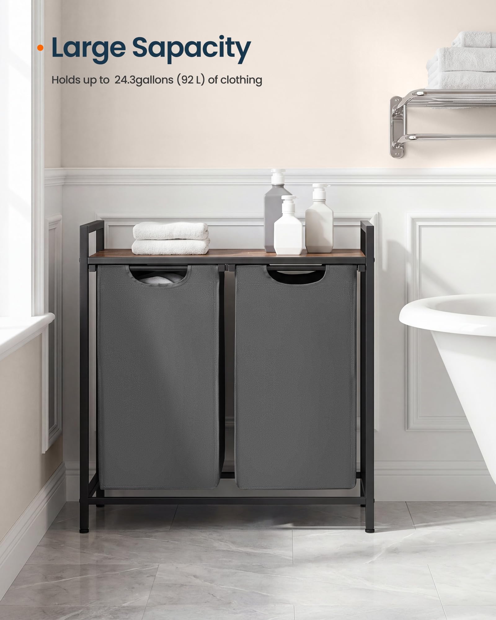 SONGMICS HOME Laundry Basket Sorter with Storage Shelf, Laundry Hamper with Metal Frame, 2 x 12.1