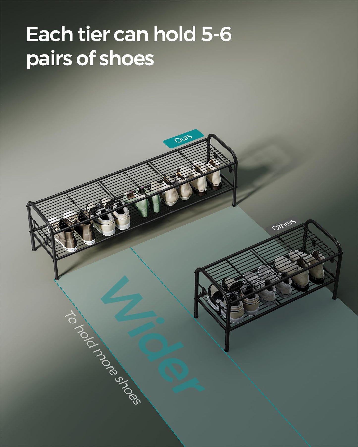 SONGMICS Shoe Rack, 2-Tier Shoe Organizer, Metal Shoe Shelf Storage with 4 Side Hooks, Holds 18
