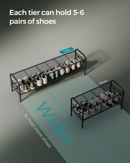 SONGMICS Shoe Rack, 2-Tier Shoe Organizer, Metal Shoe Shelf Storage with 4 Side Hooks, Holds 18