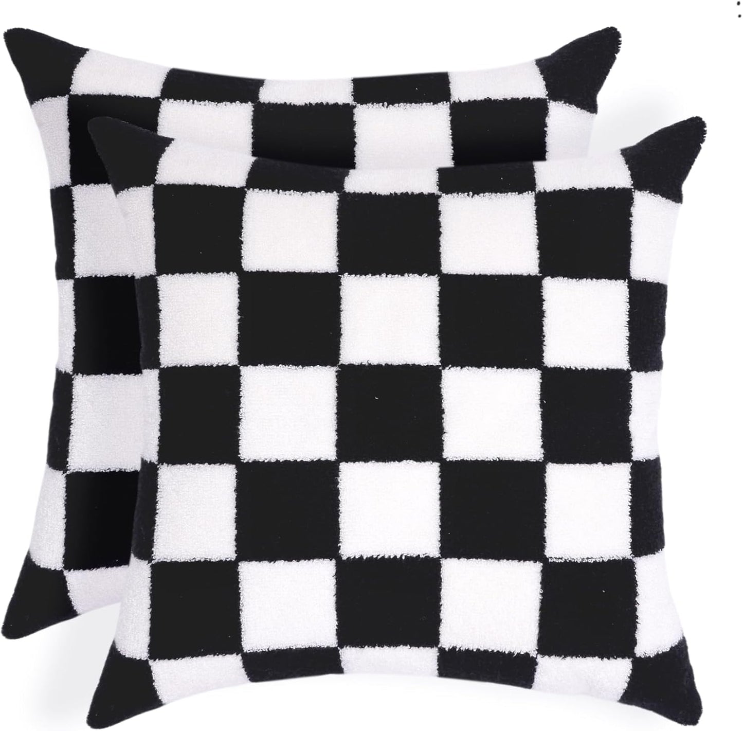 Alysheer Checkered Embroidered Decorative Throw Pillow Covers 18"x 18" Set of 2, Farmhouse Cottage