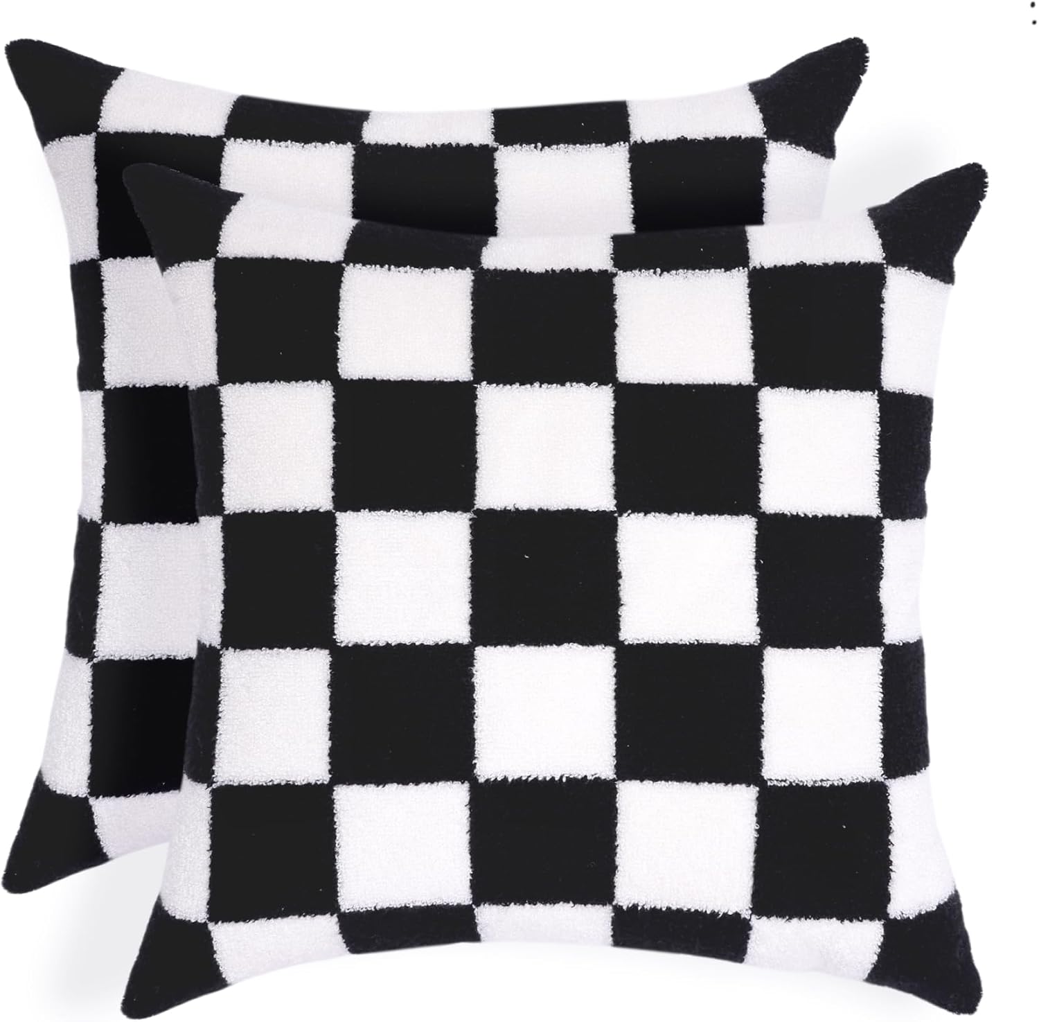 Alysheer Checkered Embroidered Decorative Throw Pillow Covers 18"x 18" Set of 2, Farmhouse Cottage