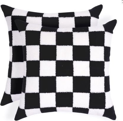 Alysheer Checkered Embroidered Decorative Throw Pillow Covers 18"x 18" Set of 2, Farmhouse Cottage