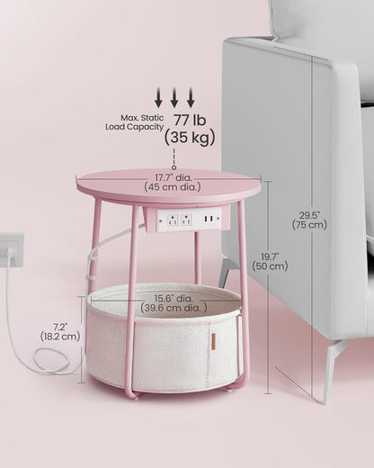 VASAGLE Side Table with Charging Station, Round End Table with Fabric Basket, Nightstand with Power