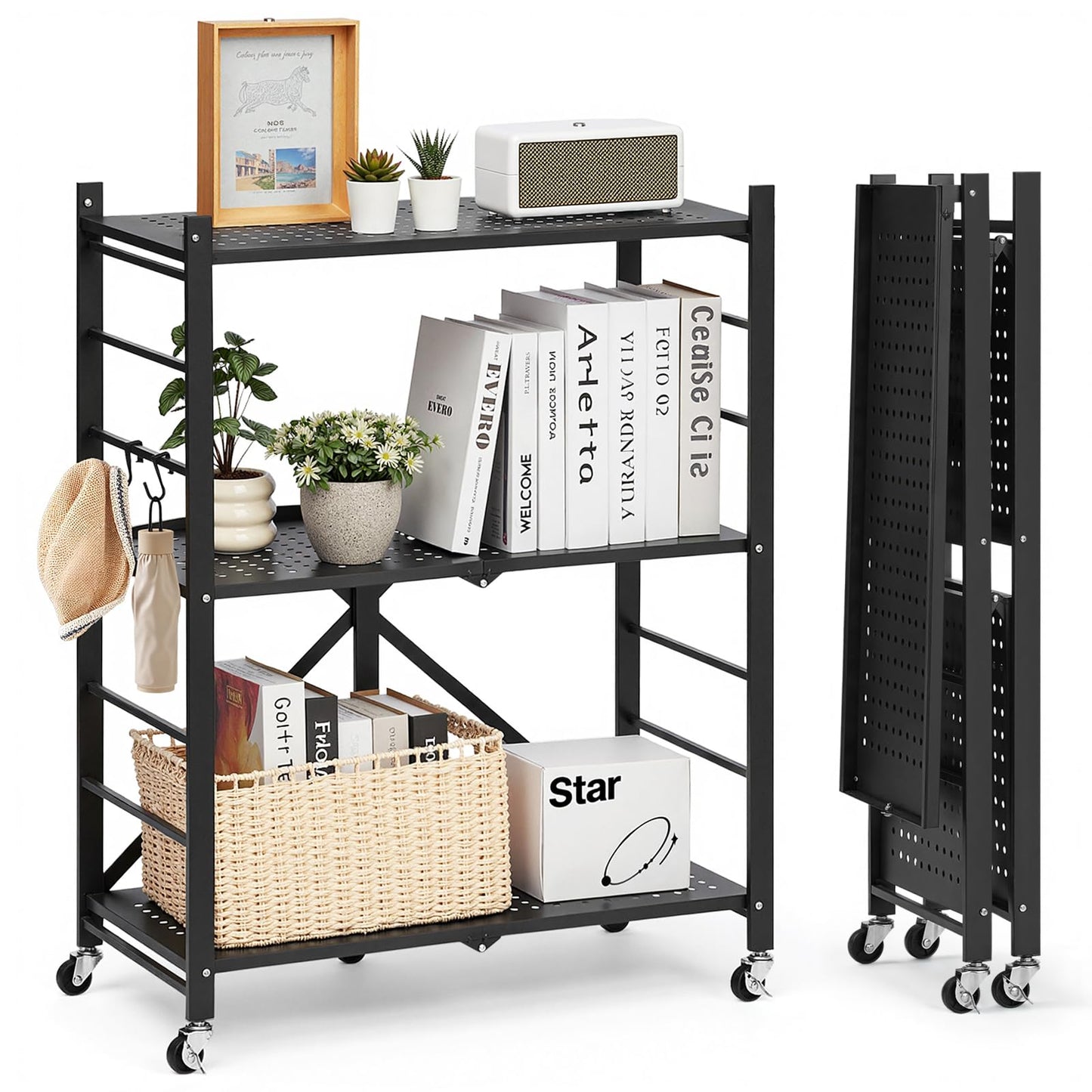 VEVOR 3-Tier Foldable Storage Shelf, 28W x 13D x 36H Inch Folding Metal Rack Shelving Unit, No