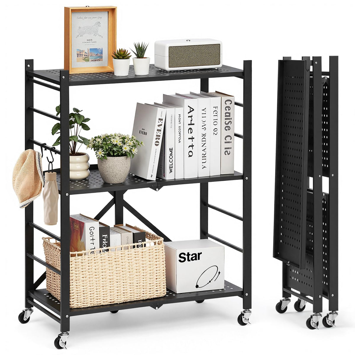 VEVOR 3-Tier Foldable Storage Shelf, 28W x 13D x 36H Inch Folding Metal Rack Shelving Unit, No