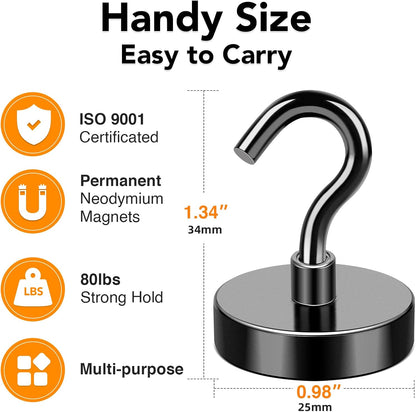 MIKEDE Black Magnetic Hooks, 80Lbs Heavy Duty Earth Magnets with Hooks for Cruise Cabin, Strong