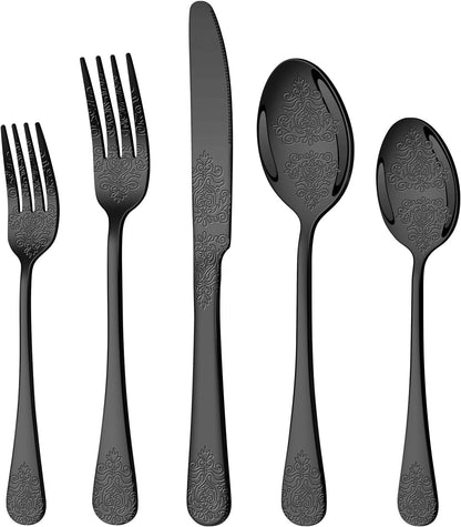40 Pcs Black Silverware Set for 8 with Classical Flower Embossed Design, Food Grade Stainless Steel