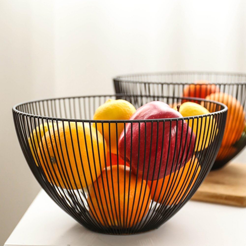 Metal Wire Fruit Basket, Black Fruit Vegetable Bowl for Kitchen Counter, Round Produce Storage
