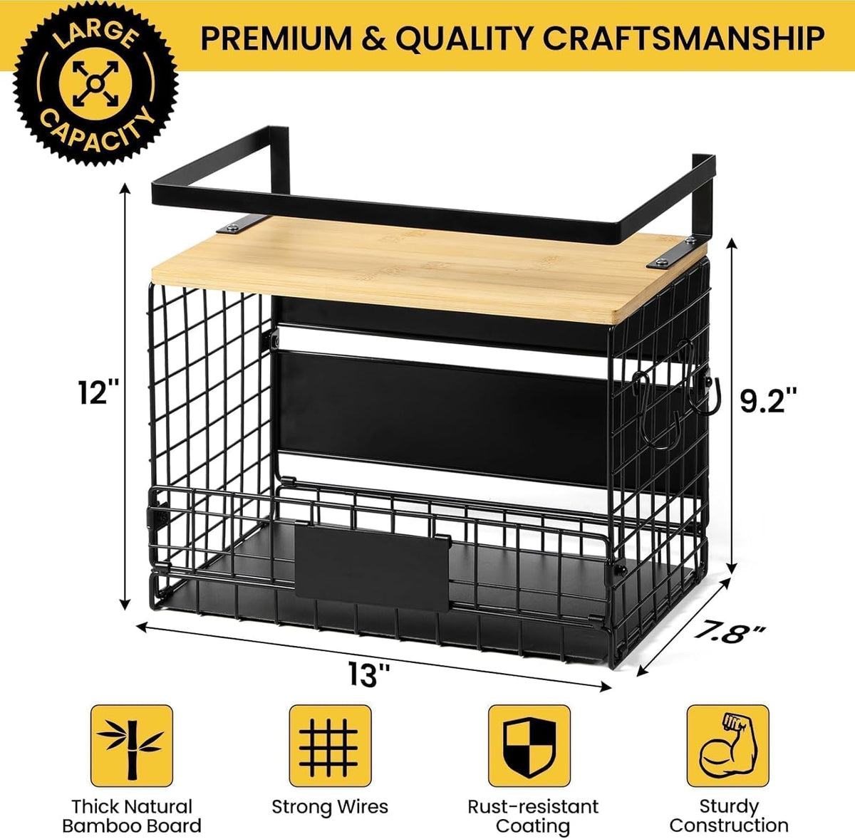 [WIDER Shelf]1 SET Strong Magnetic Shelf Basket for Fridge with Tag & Bamboo Top, XXL Large