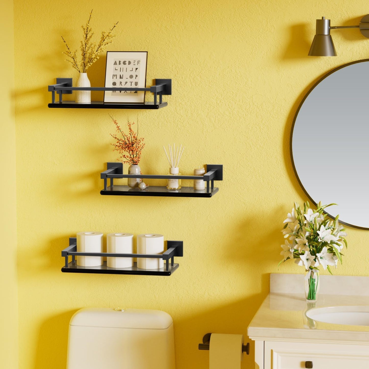 Alise Glass Shelves for Bathroom Wall, Tempered Glass Bathroom Shelf Wall Mounted, Modern Space