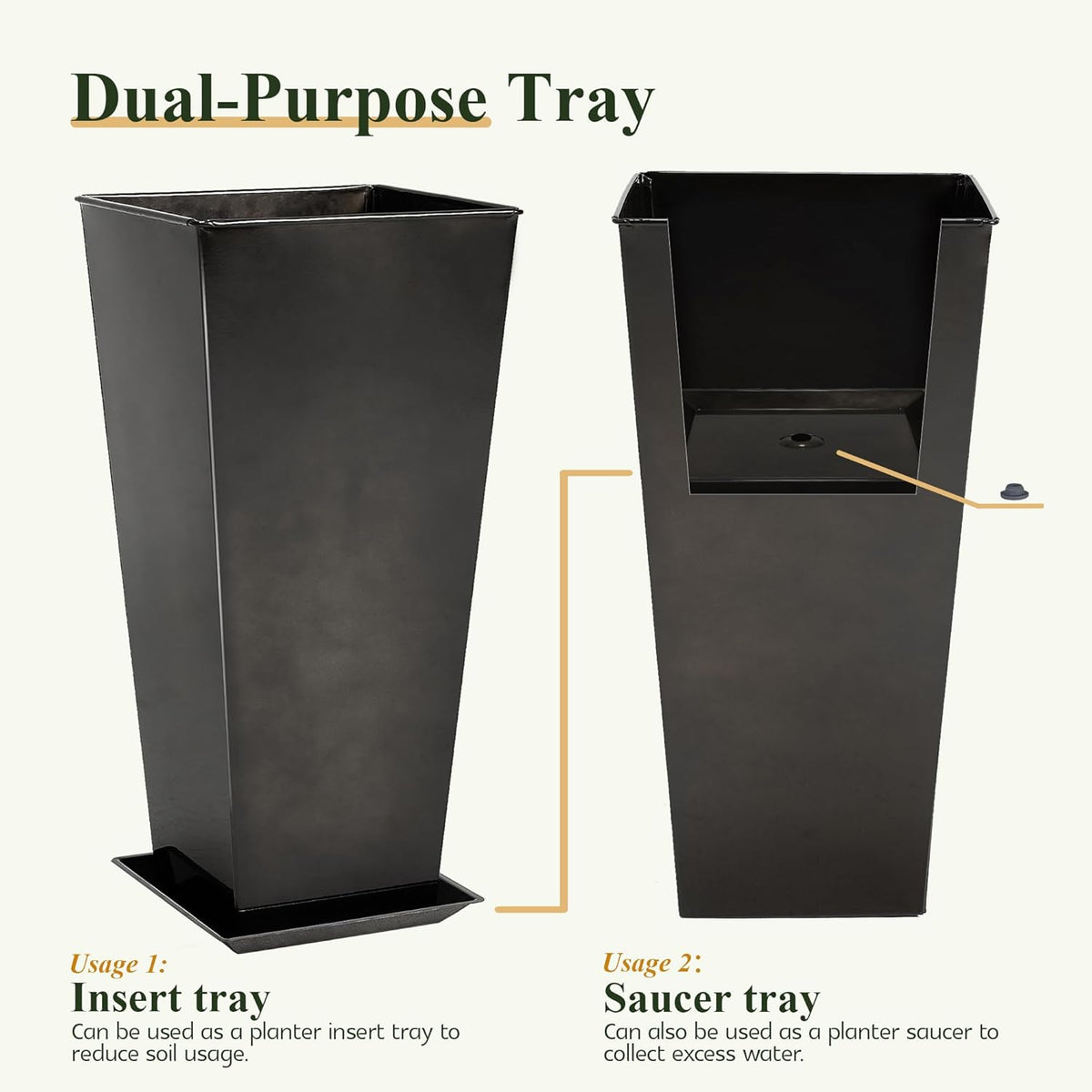 WORTH Garden 25" Large Metal Glazed Planter Set of 2, Luxurious Glossy Finish Black Tall Square
