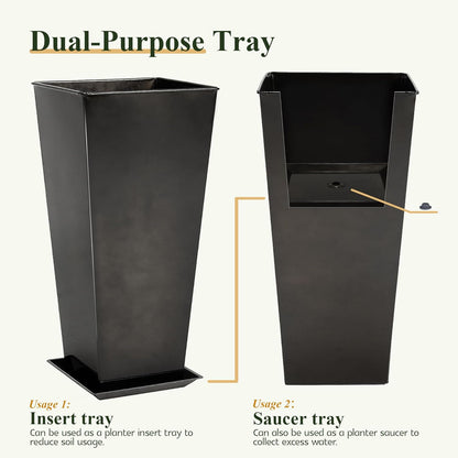WORTH Garden 28" Large Metal Glazed Planter Set of 2, Luxurious Glossy Finish Black Tall Square