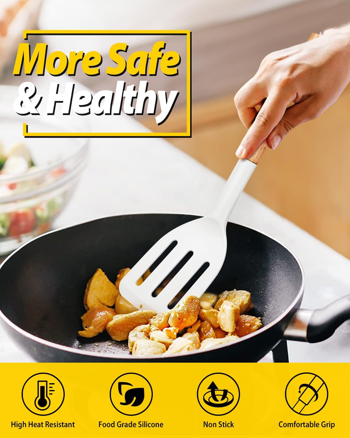 Pack of 2 Silicone Cooking Spatula, Heat Resistant Solid Turner, Non Stick Slotted Spatulas with