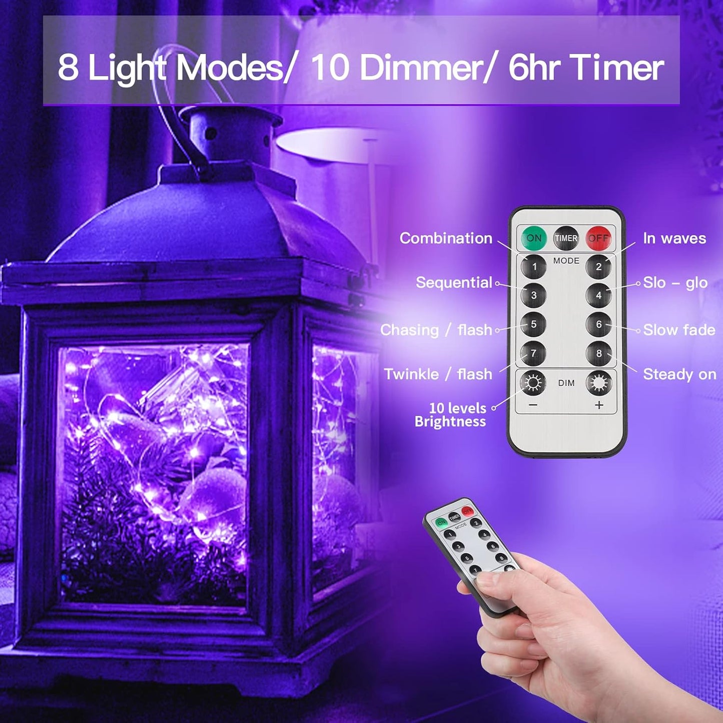 suddus Hallowee Fairy Lights Battery Operated, 33ft 100 LED Fairy Lights with Remote, Purple String